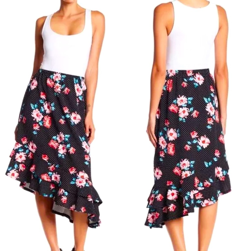 Bobeau Black Polka Dot Floral Asymmetrical Skirt